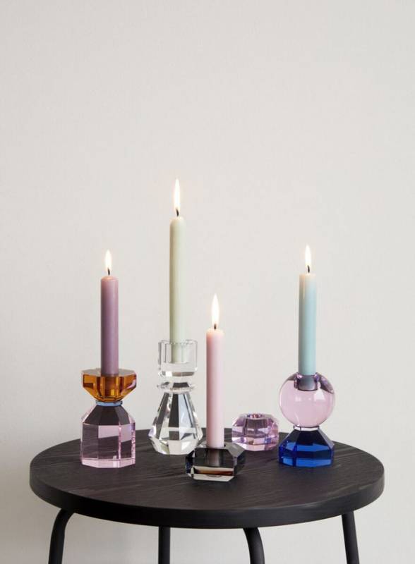 Lysestage, krystal, blå/pink